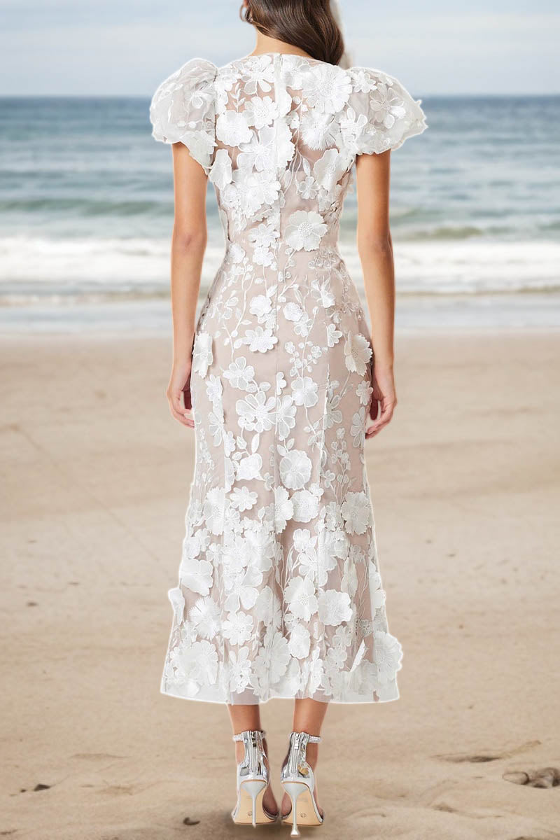 3D Lace Flower Crew Neck Puff Sleeve Midi Dress - Fashionpara