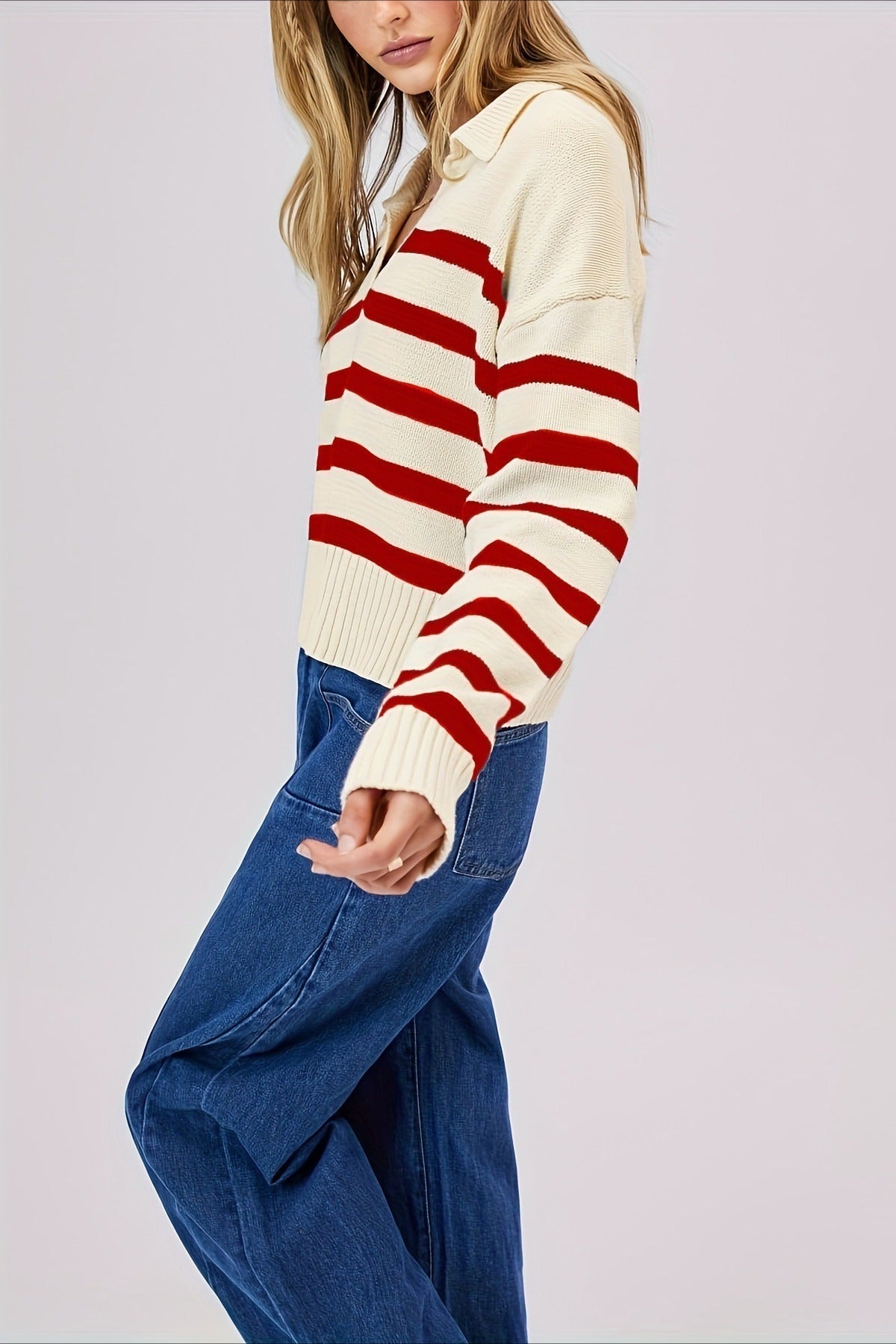 Striped Wool Collar V-Neck Sweater 20