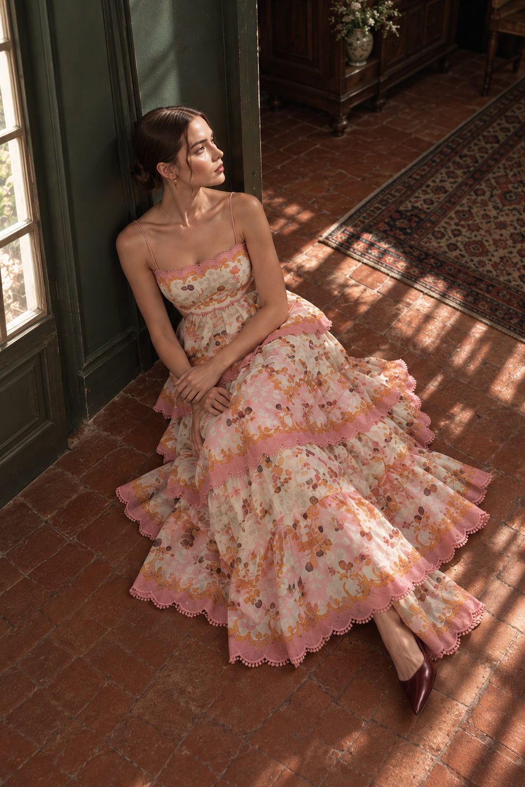 Floral Print Sweetheart Scalloped Tiered Maxi Dress