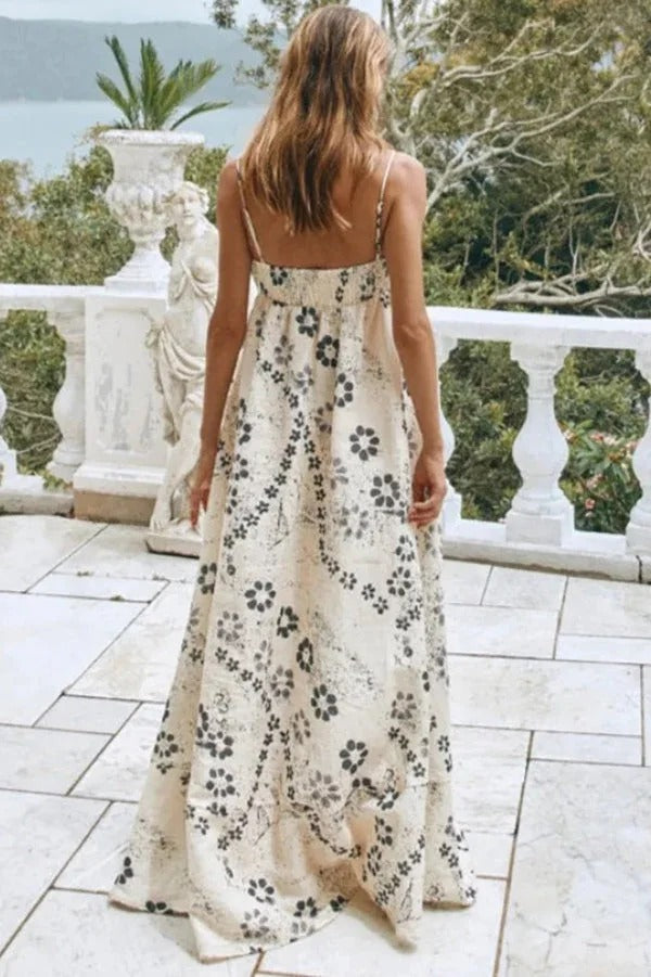 Linen Blend Floral Print Strappy Full-hem Backless Maxi Dress - Fashionpara
