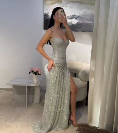 Gorgeous Spaghetti Straps Silver Sequin Side Slit Long Prom Dress Evening Dress - Fashionpara