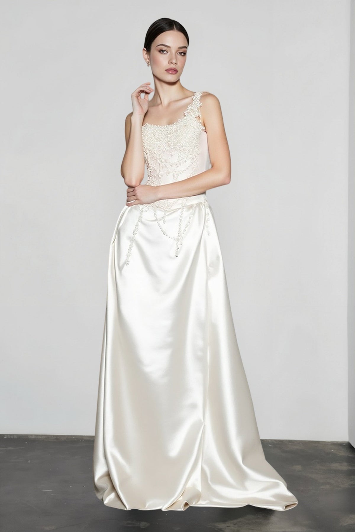 One Shoulder Pearl Beaded Corset Satin Maxi Gown 3