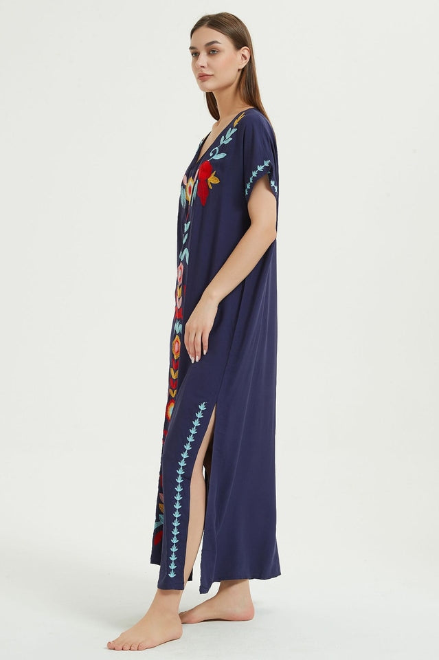 Embroidered V-Neck Short-Sleeve Kaftan Maxi Dress 10