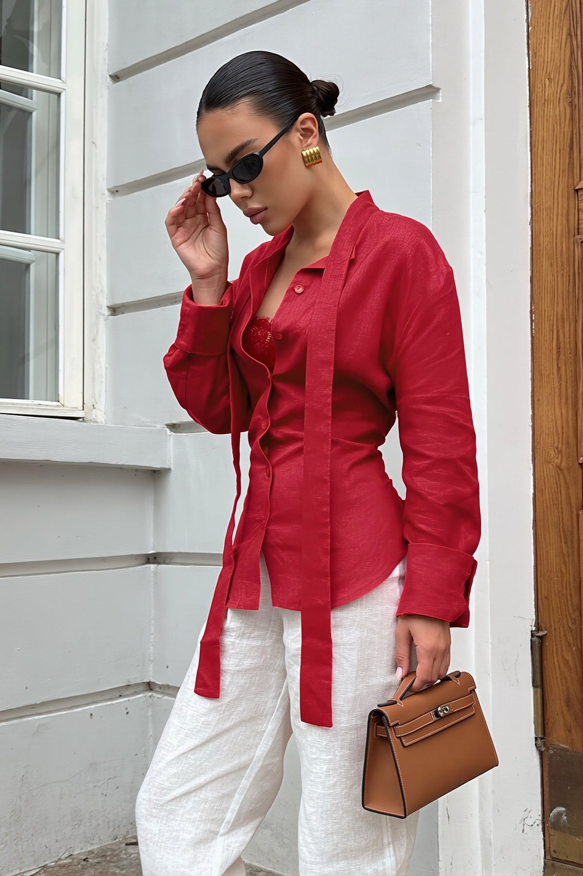 Scarf Tie Collared Button Blouse