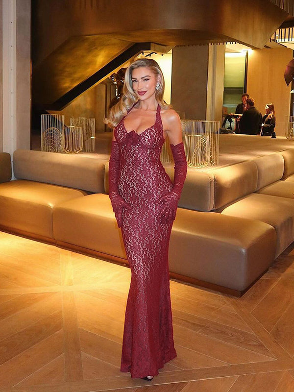 Lace Halter Neck Fitted Bodycon Party Dress