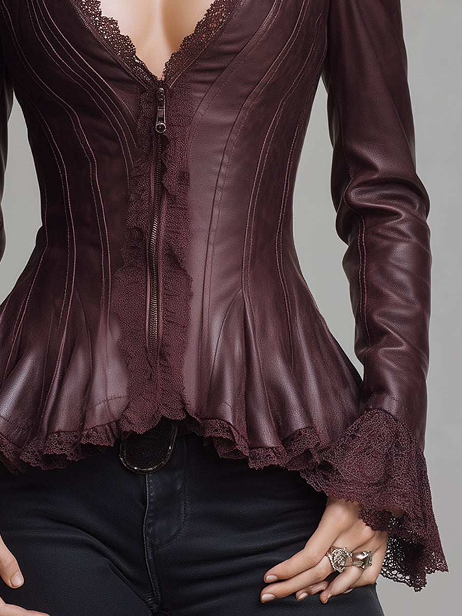Quiet Luxury Ruffled Hem Eco-friendly Pu Lace Corset Blouse