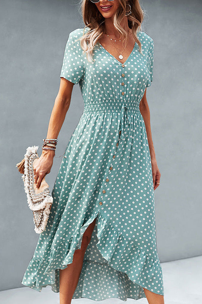 Dots Print High Waist V Neck Casual Dress Fashionpara