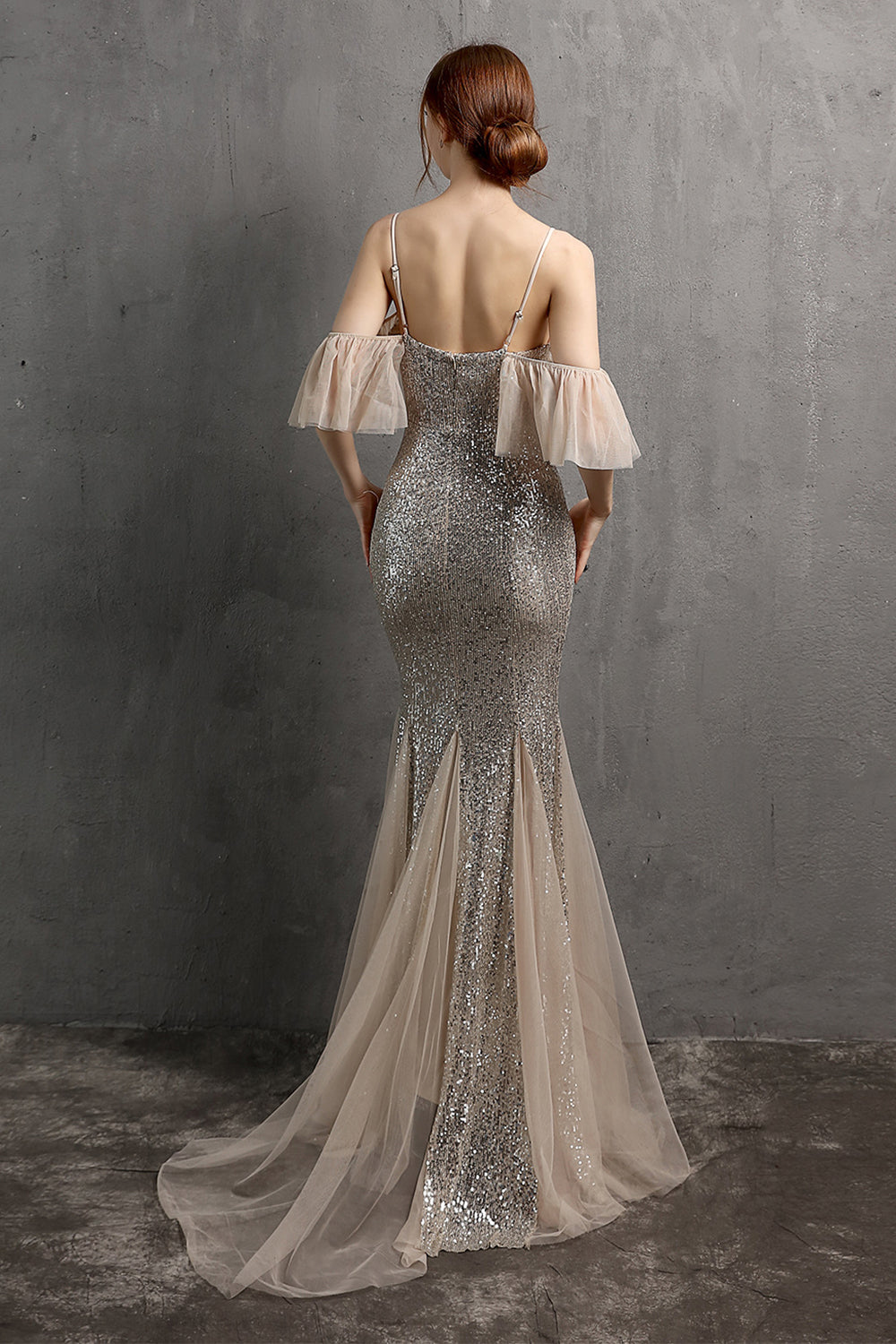 Champagne Sequin Long Prom Dress with Ruffles - Fashionpara
