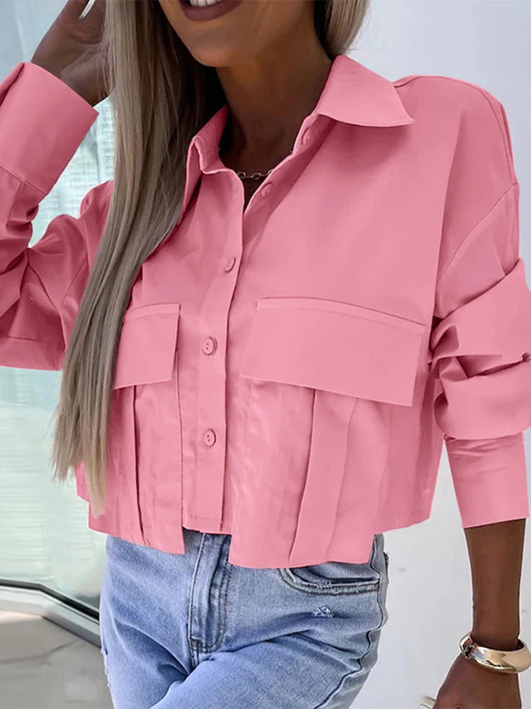 Solid Color Long Sleeve Lapel Office Blouse