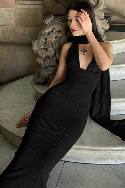 Ribbed Knit Halter Backless Bodycon Maxi Dress