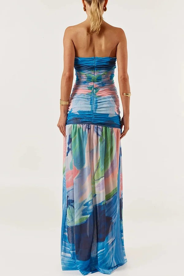 Colorful Ocean Mesh Printed Twist Cutout Off Shoulder Vacation Maxi Dress - Fashionpara