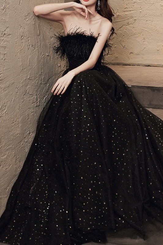 Feather Trim Strapless Glitter Tulle A-Line Gown 2