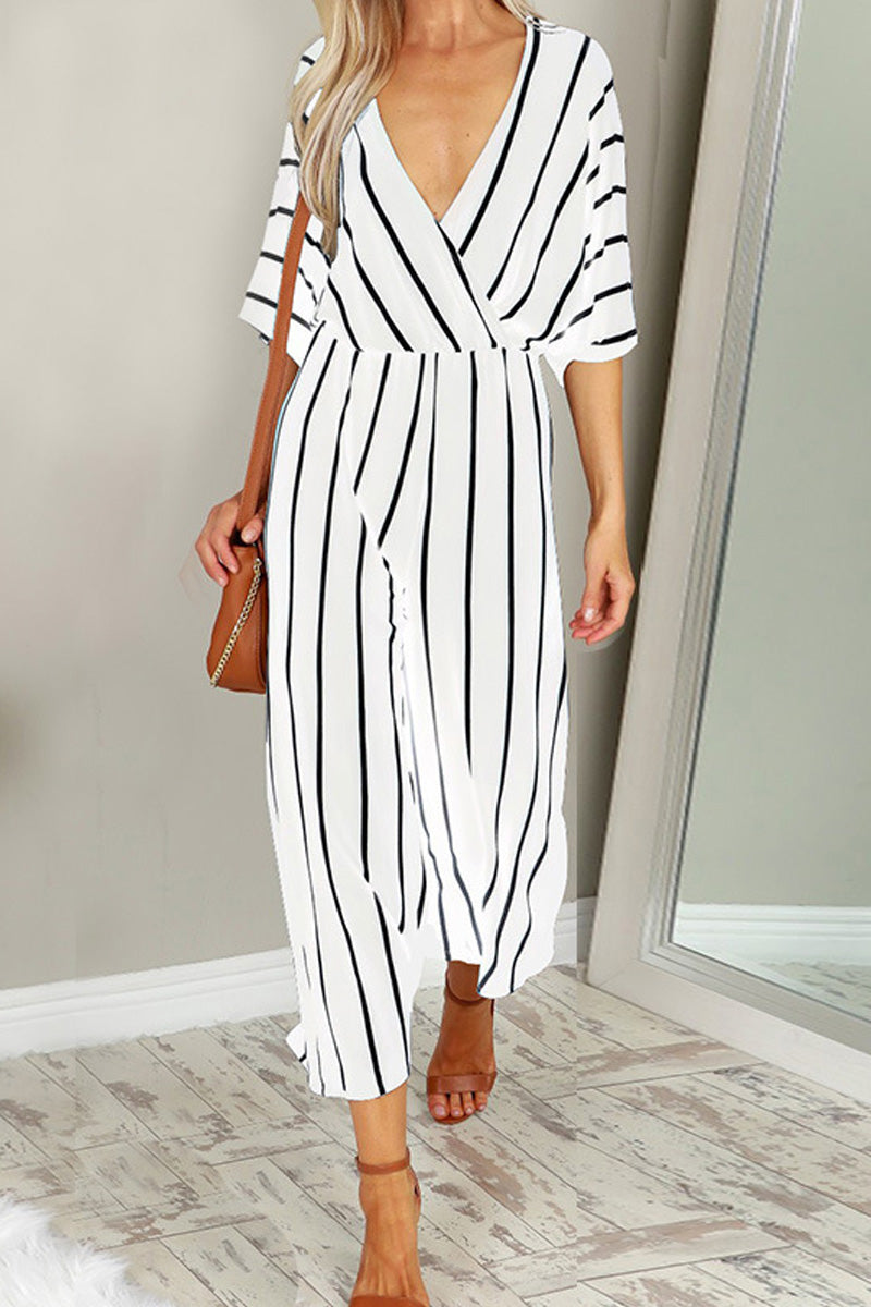 V-neck Wide-leg Striped Jumpsuit Fashionpara