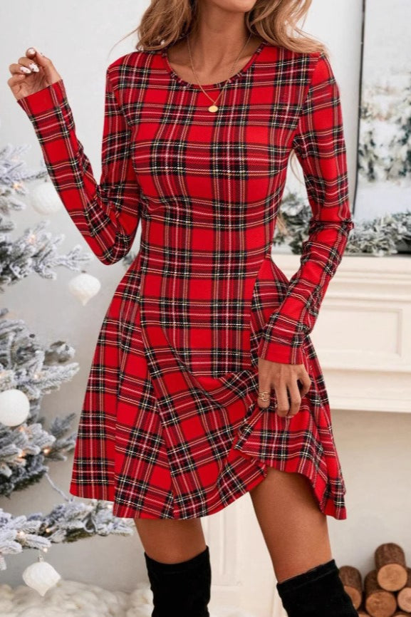 Plaid Long Sleeve Party Dress - Fashionpara