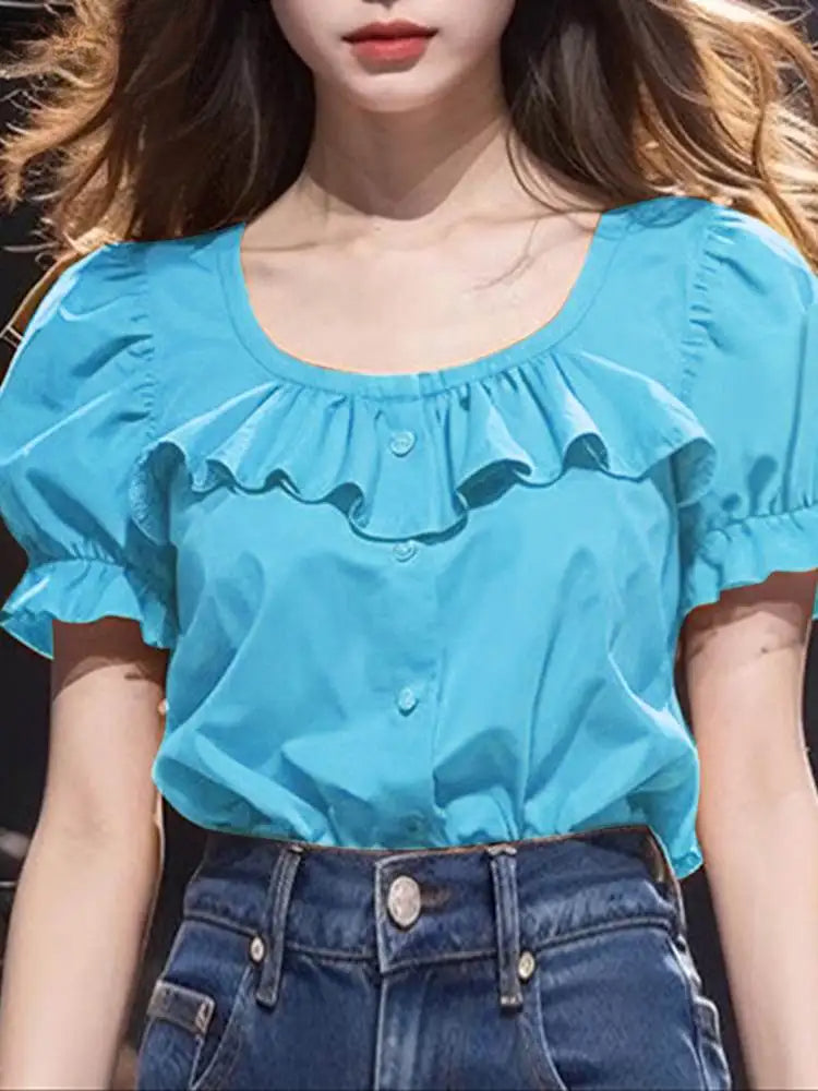 Ruffled Solid Puff Sleeve Casual Tunic Blouse