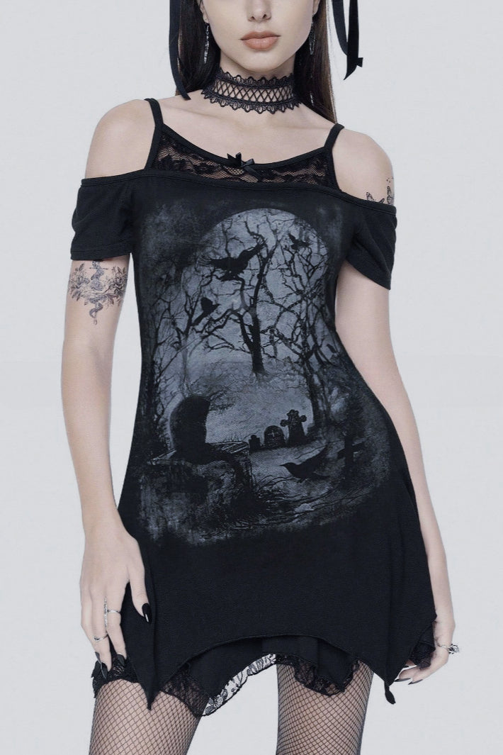 Graphic Print Off Shoulder Lace Trim Mini Dress