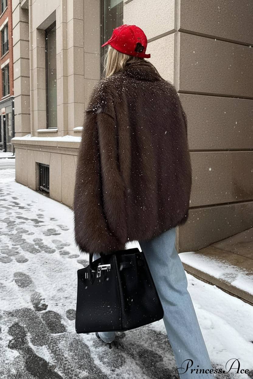 White Tip-Dyed Faux Fox Fur Mid-Length Coat