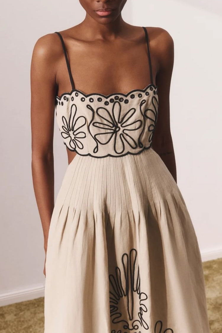 Embroidered Square Neck Pleated A-Line Dress