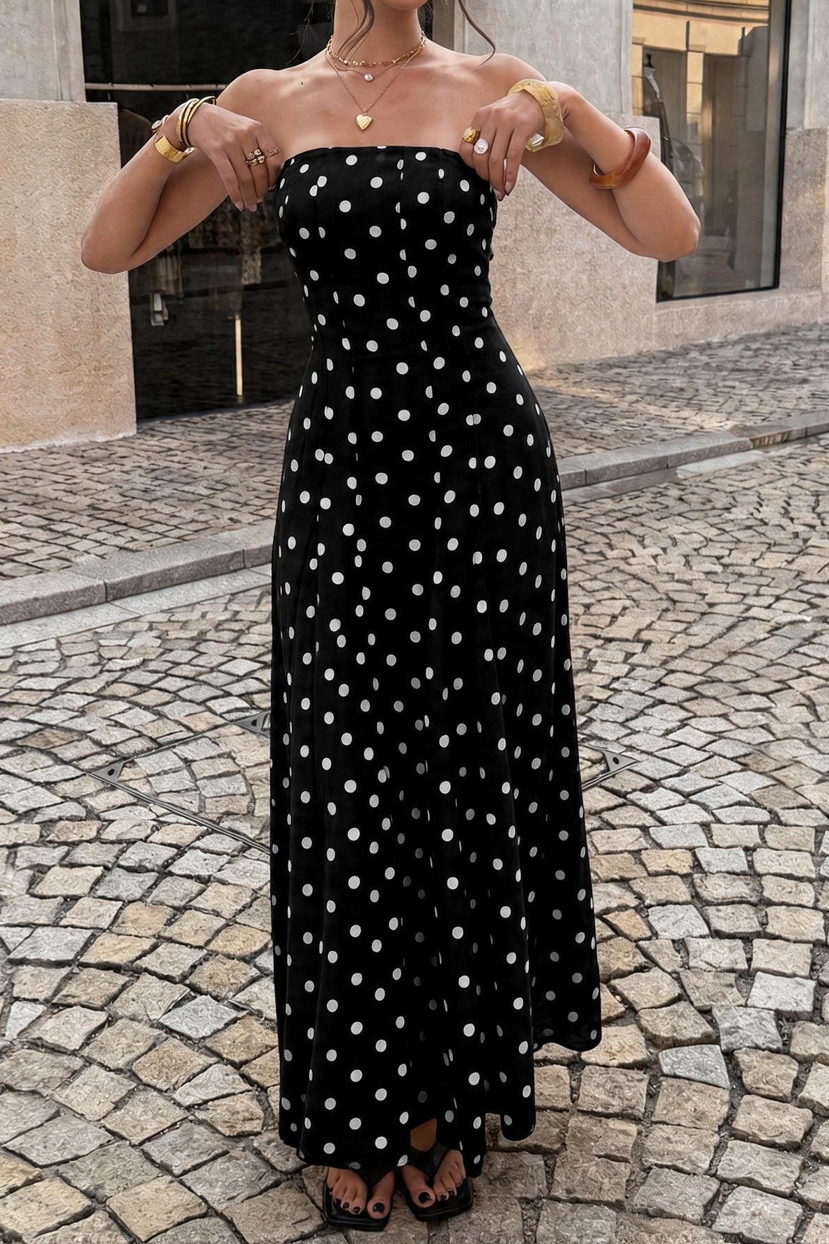 Polka Dot Strapless Pleated High-Slit Maxi Dress 6