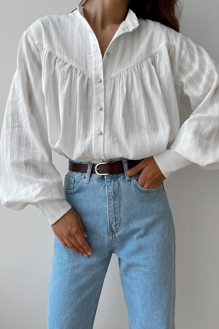 Textured Stand Collar Button Blouse