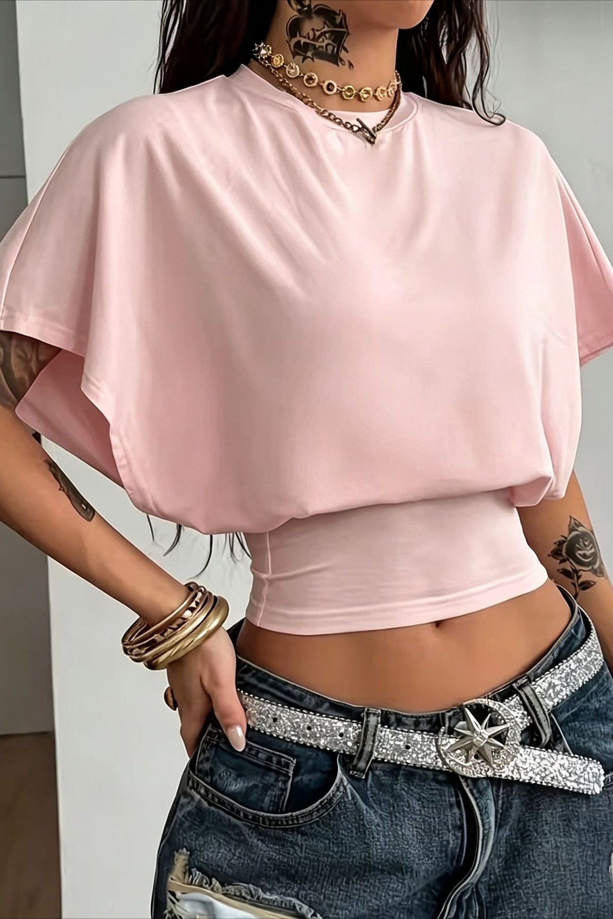 Batwing Sleeve Ruched Crop T-Shirt