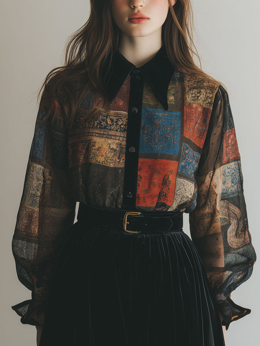 Retro Printed Velvet Patchwork Chiffon Balloon Sleeve Blouse - Fashionpara