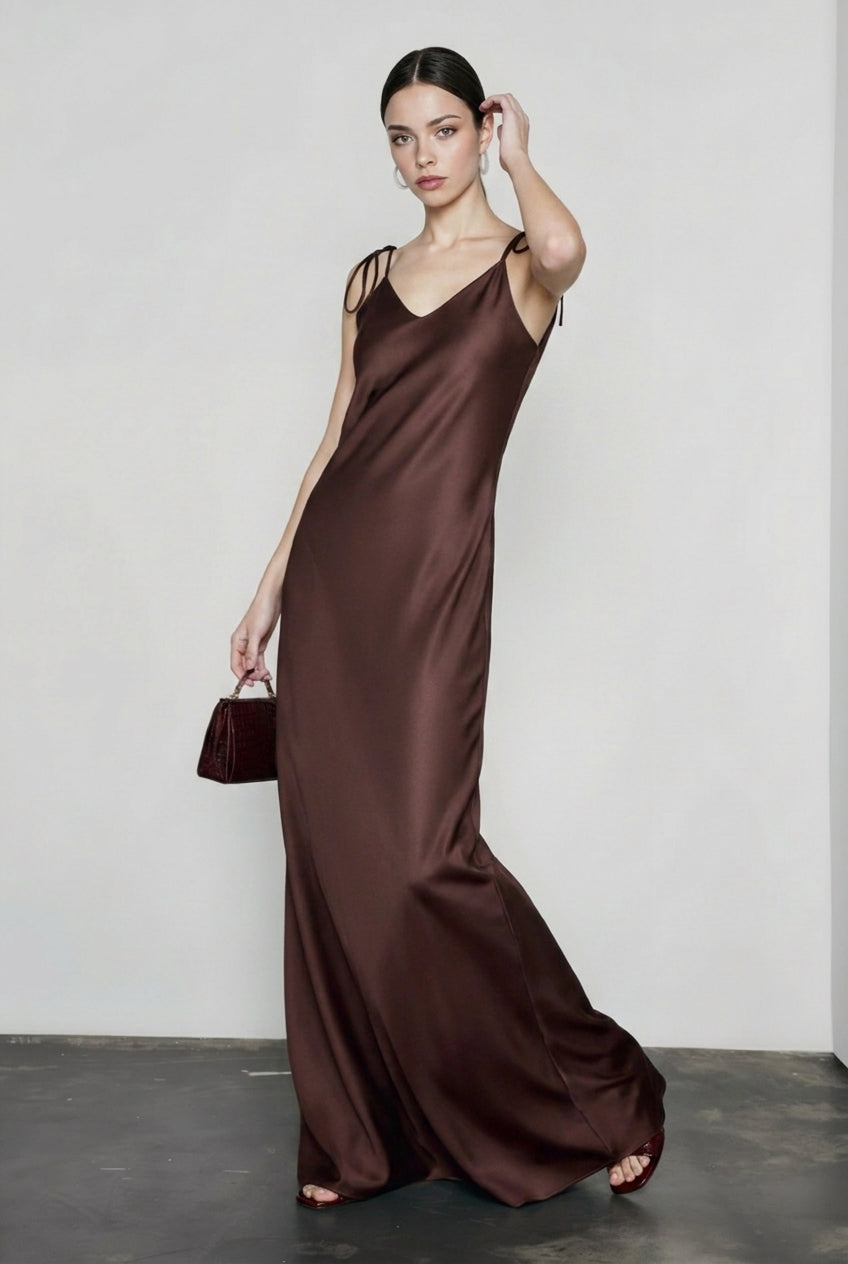 Satin V-Neck Spaghetti Strap Bias Slip Maxi Gown