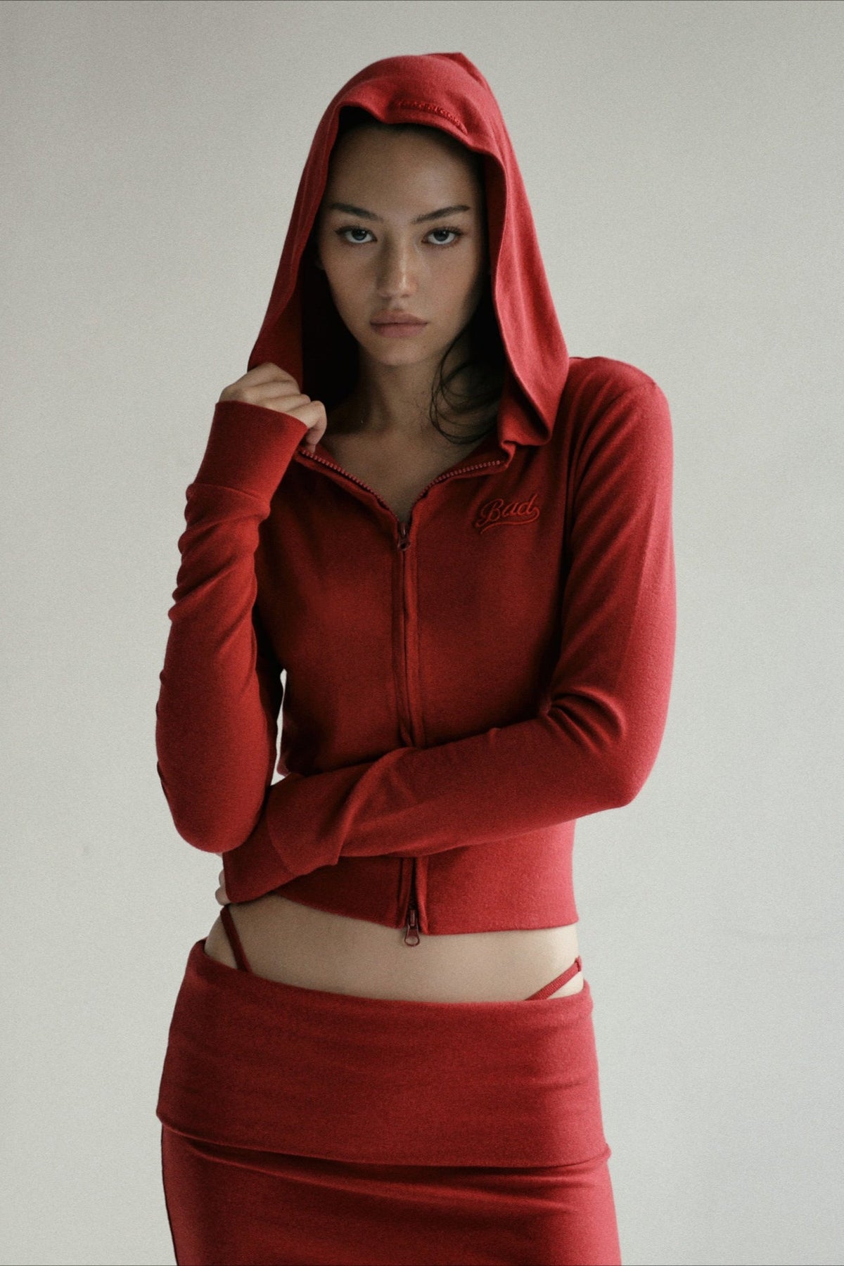 Carmine Zip-Up Embroidered Crop Hoodie