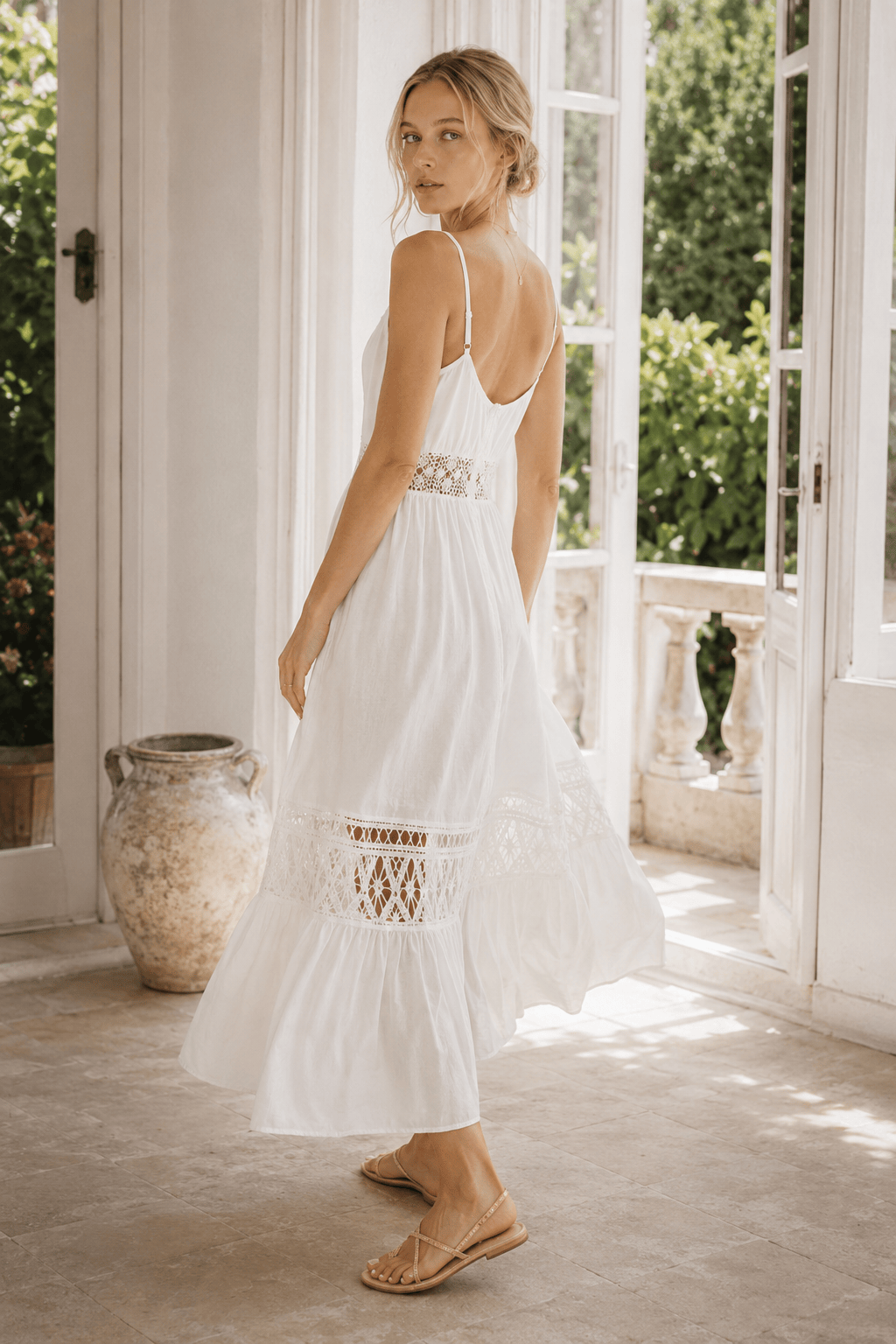 Crochet Lace Trim V-Neck Tiered Maxi Dress 4