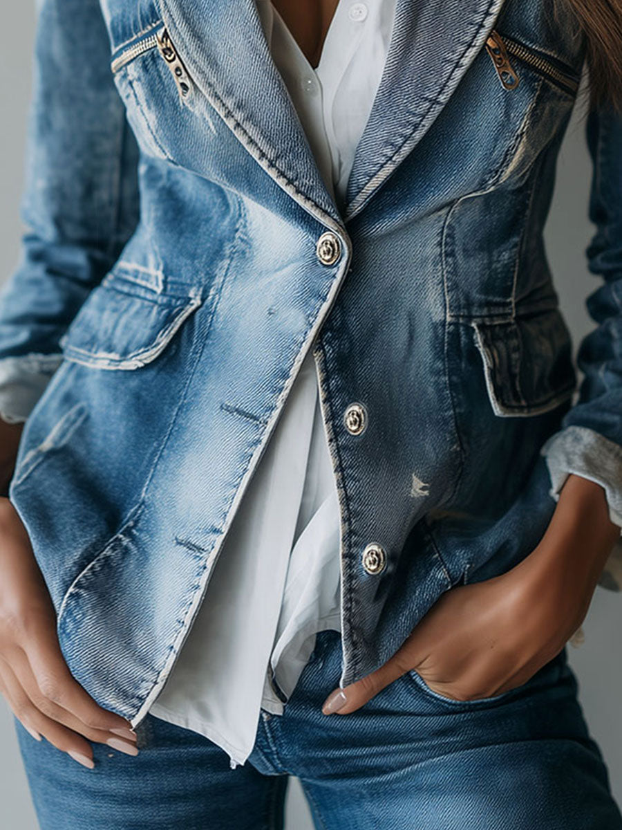 Notch Lapel Single Button Washed Denim Blazer 7