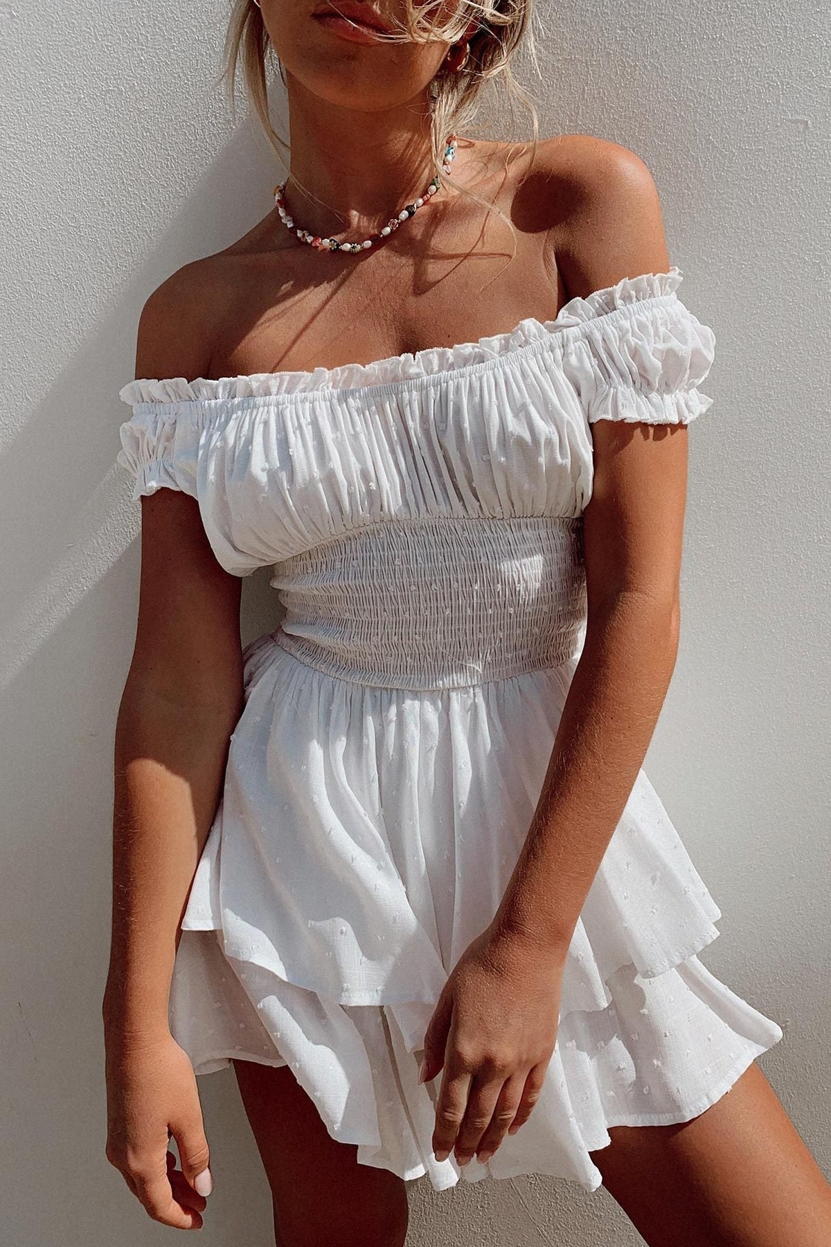 Swiss Dot Off Shoulder Smocked Ruffle Mini Dress