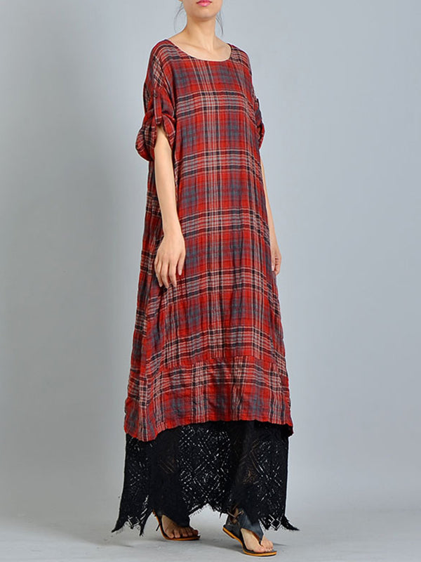 Plaid Check Round Neck Layered-Hem A-Line Maxi Dress 3