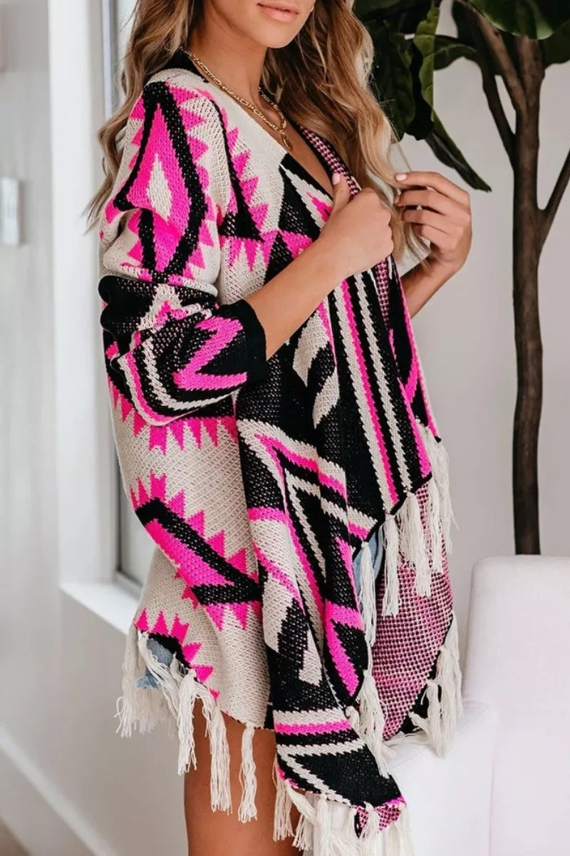Geometric Print Tassel Design Cardigan  Fashionpara