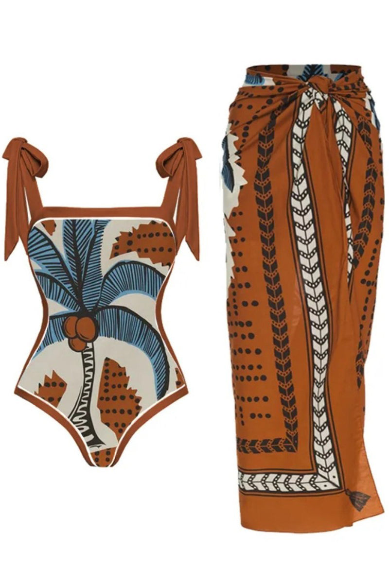 Coconut Tree Tropiacl Print Tied Detail One Piece Swimsuit With Cover Up - Fashionpara