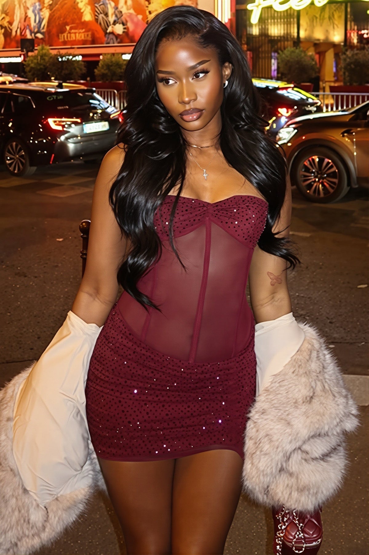 Rhinestone Strapless Mesh Corset Bodycon Mini Dress