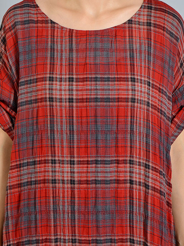 Plaid Check Round Neck Layered-Hem A-Line Maxi Dress 4