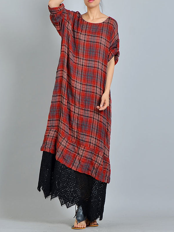Plaid Check Round Neck Layered-Hem A-Line Maxi Dress