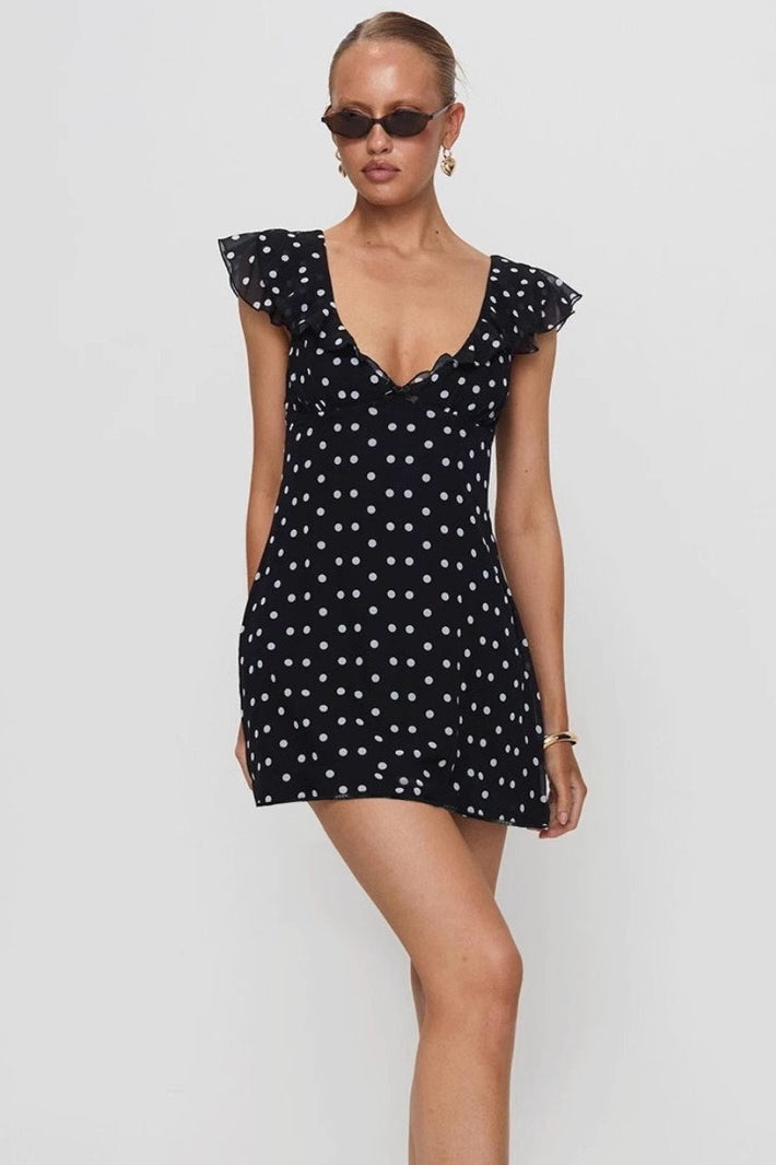 Polka Dot Print V-Neck Cap Sleeve Mini Dress