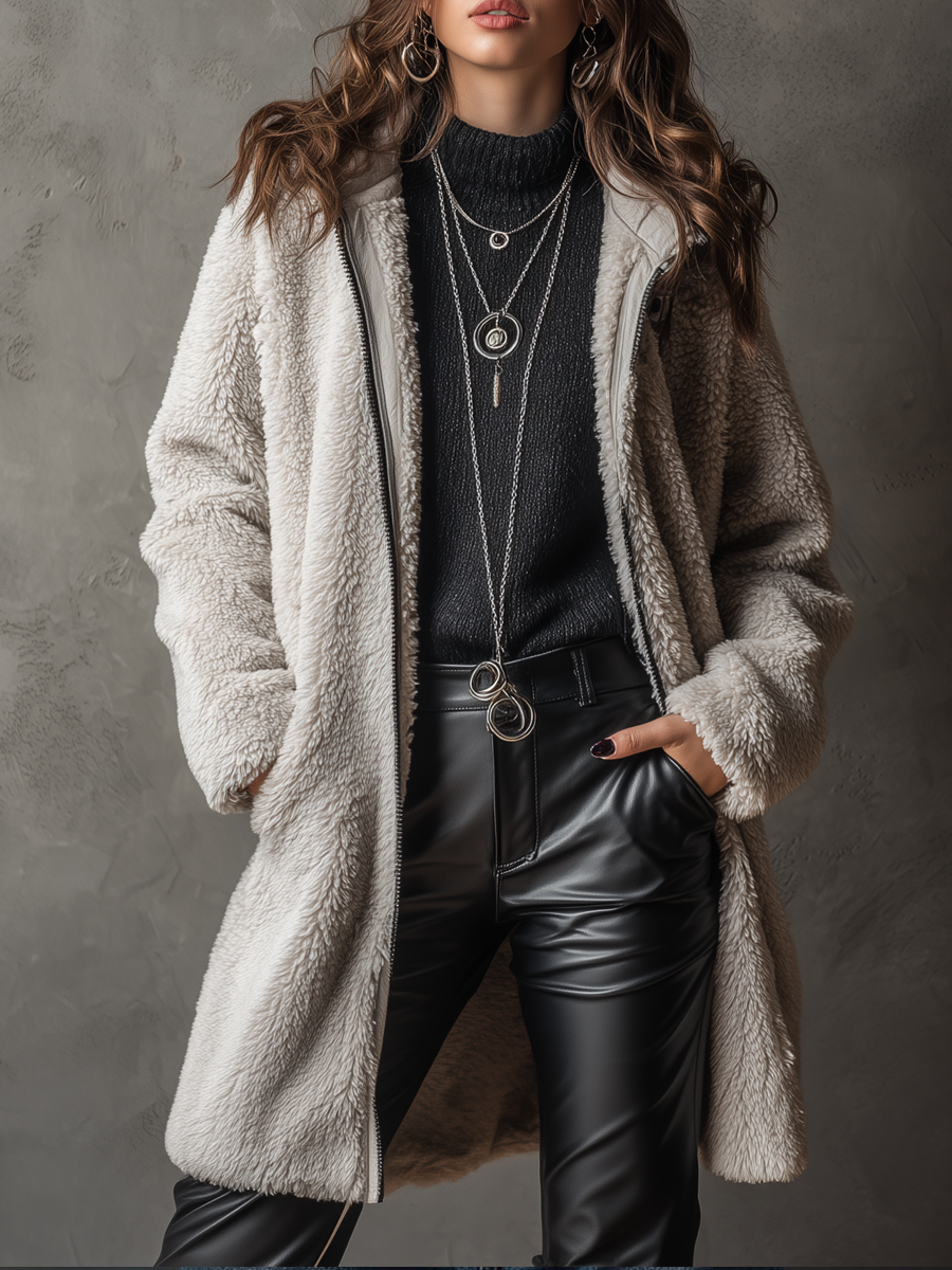 Vintage Zip-up Collar Teddy Fleece Fitted Coat - Fashionpara