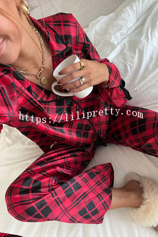 Holiday Movie Party Plaid Ribbon Detail Elastic Waist Pocketed Pajama Set - Fashionpara