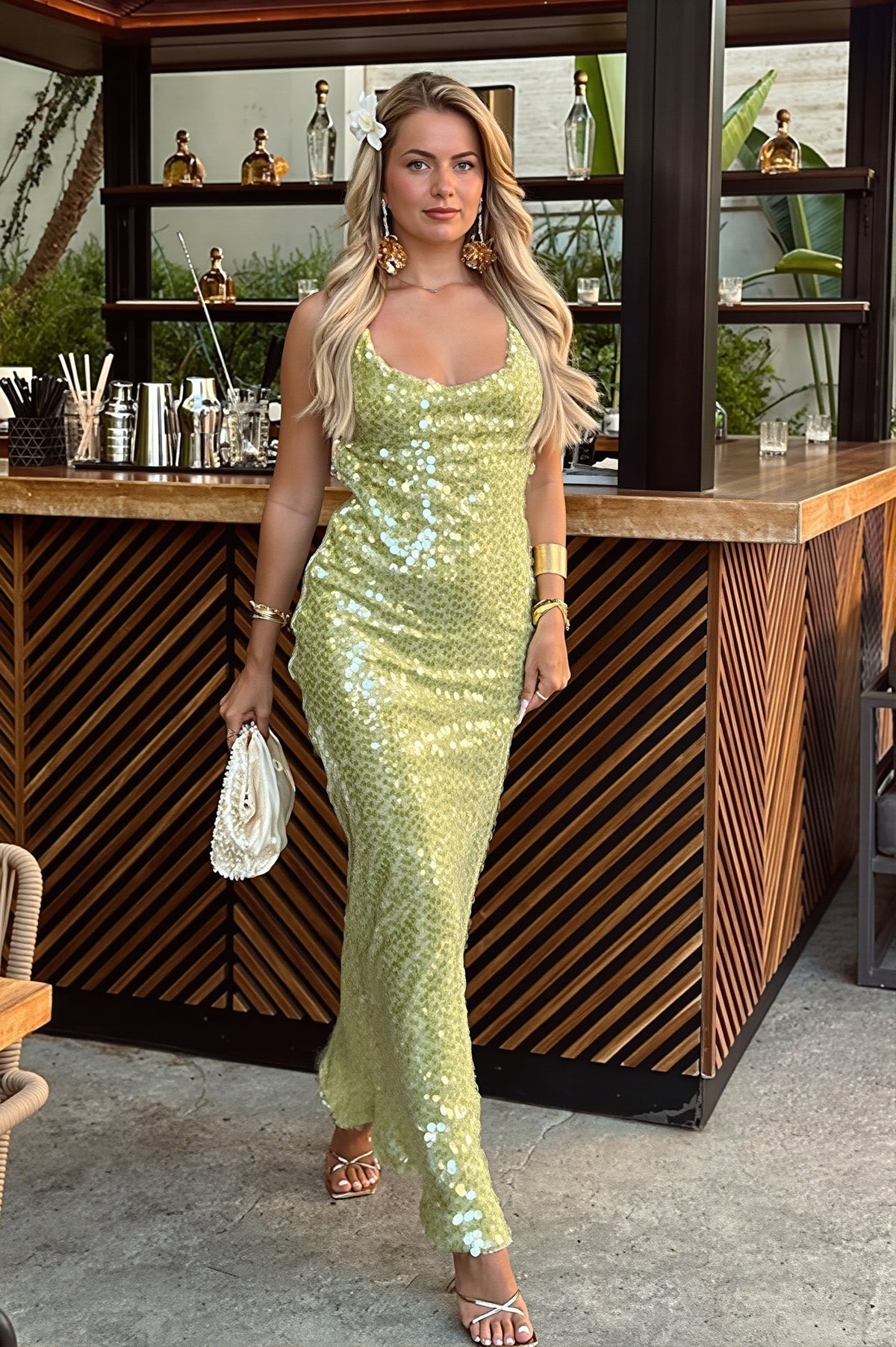 Sequin Cowl Neck Spaghetti Strap Slip Maxi Dress