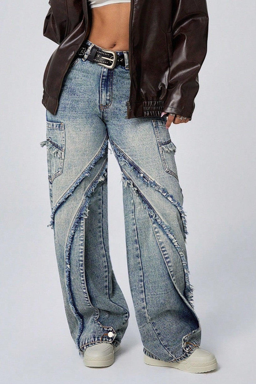 Frayed Patchwork Wide-Leg Loose Denim Jeans