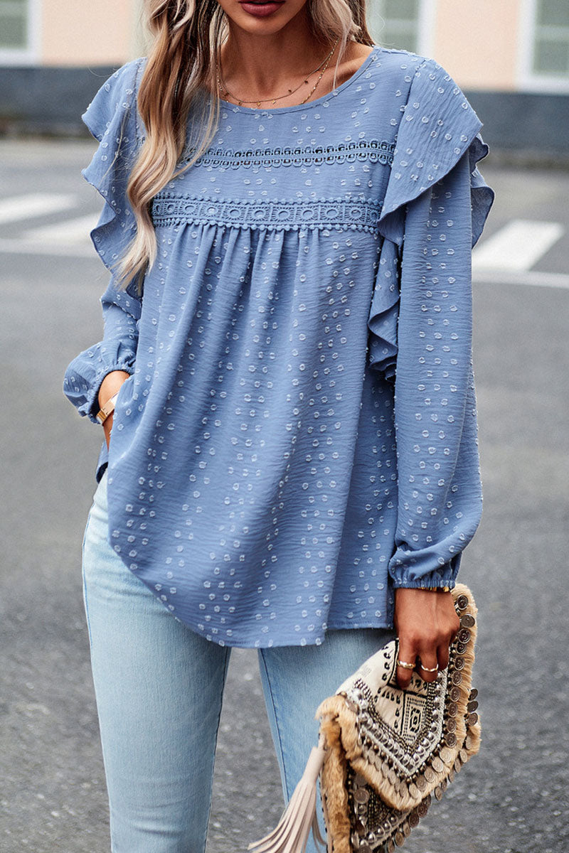 Long Sleeve Ruffle Round Neck Casual Tops - Fashionpara