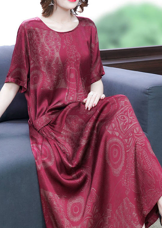 Jacquard Damask Print Round Neck Pocket Short Sleeve Loose Maxi Dress - View 2