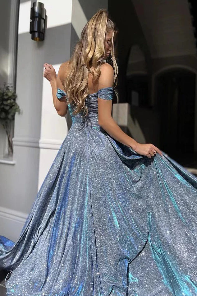 Glitter Off-Shoulder Sweetheart High-Slit A-Line Gown