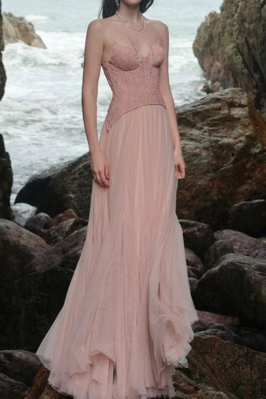 Lace Corset Strapless Tulle Maxi Gown