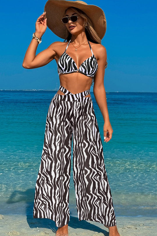 Leopard print suspender swimsuit three-piece swimsuit - Fashionpara