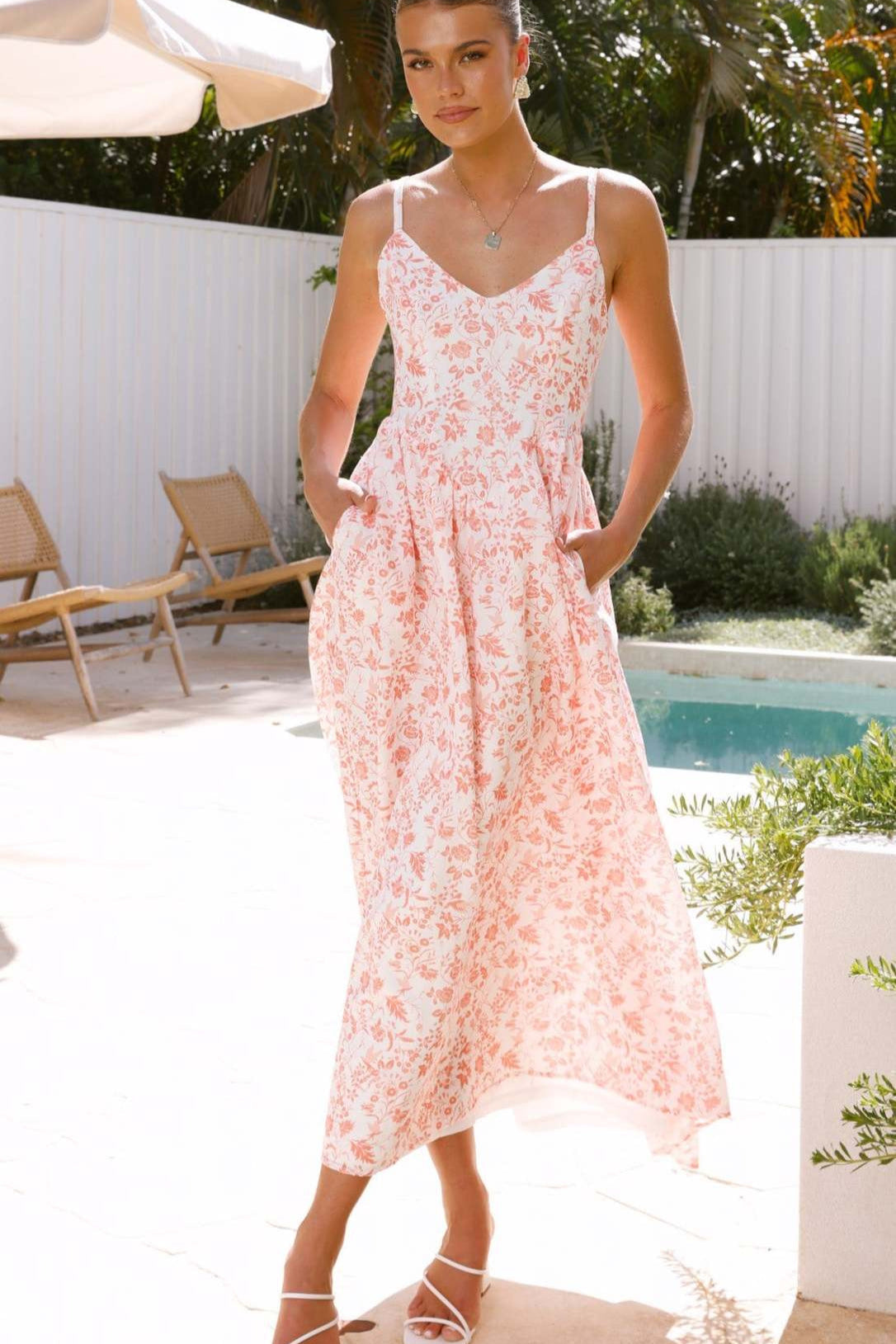Floral Print V-Neck Spaghetti Strap A-Line Midi Dress