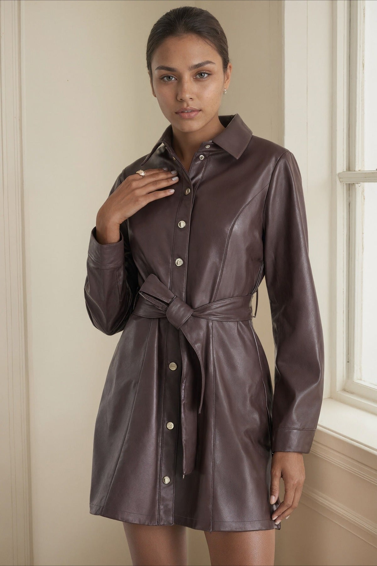 Faux Leather Belted Mid-Length Long Sleeve Trench Coat