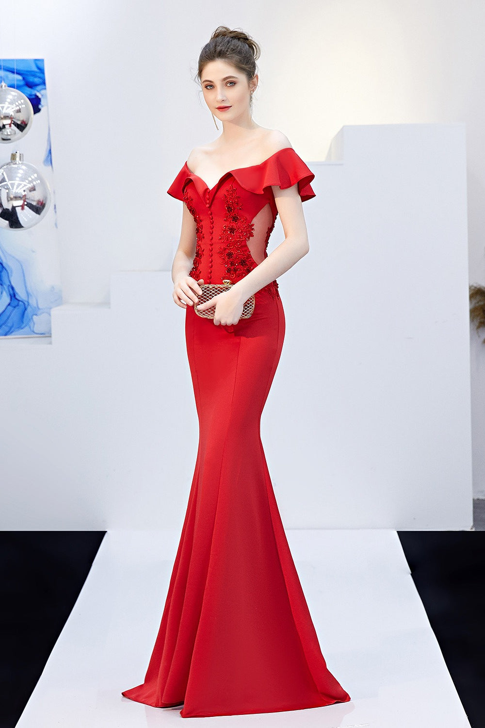 Off Shoulder Ruffle Beaded Mermaid Formal Gown - View 22